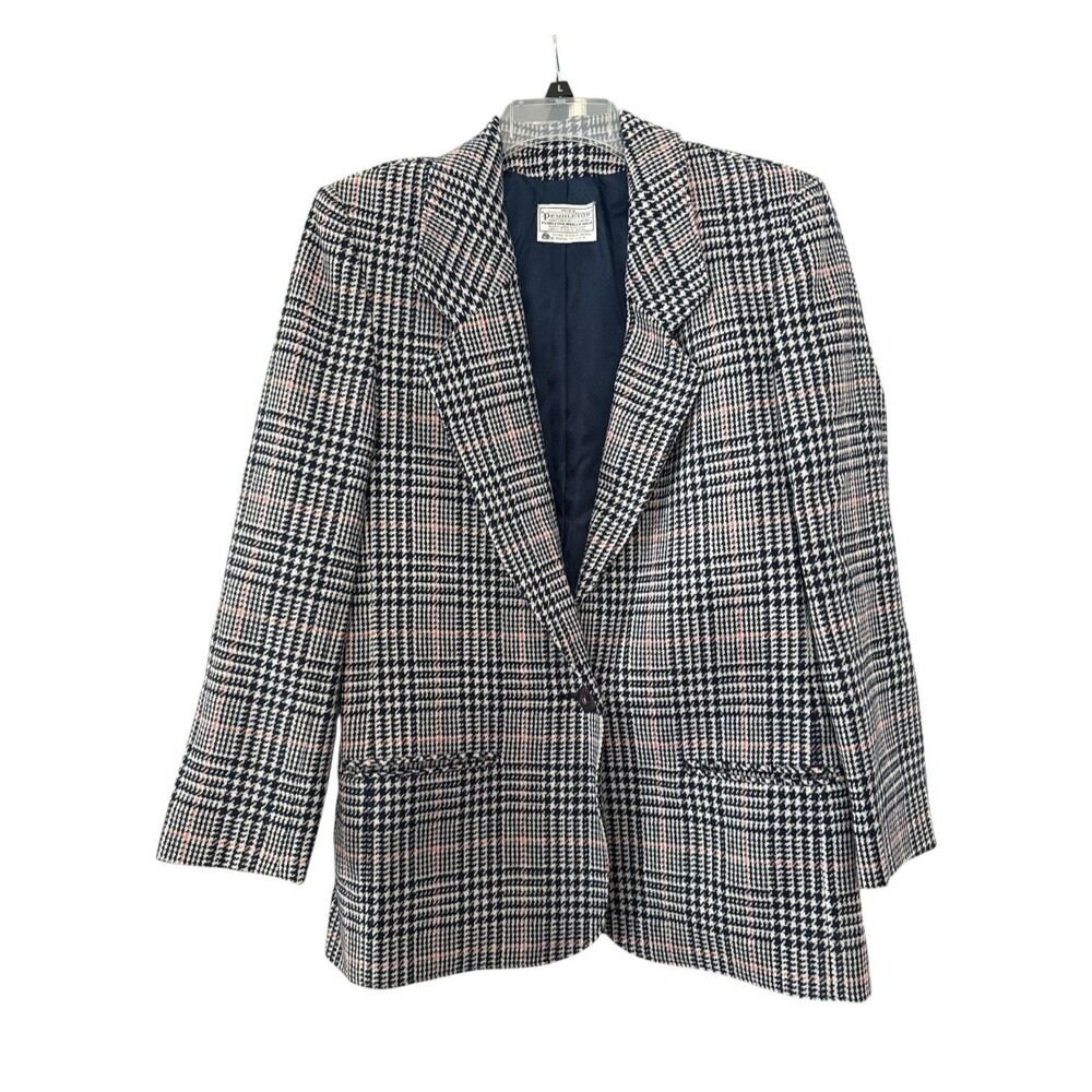 Miss Pendleton Vintage Wool Blazer Jacket Black Blue Houndstooth Plaid Sz 12
